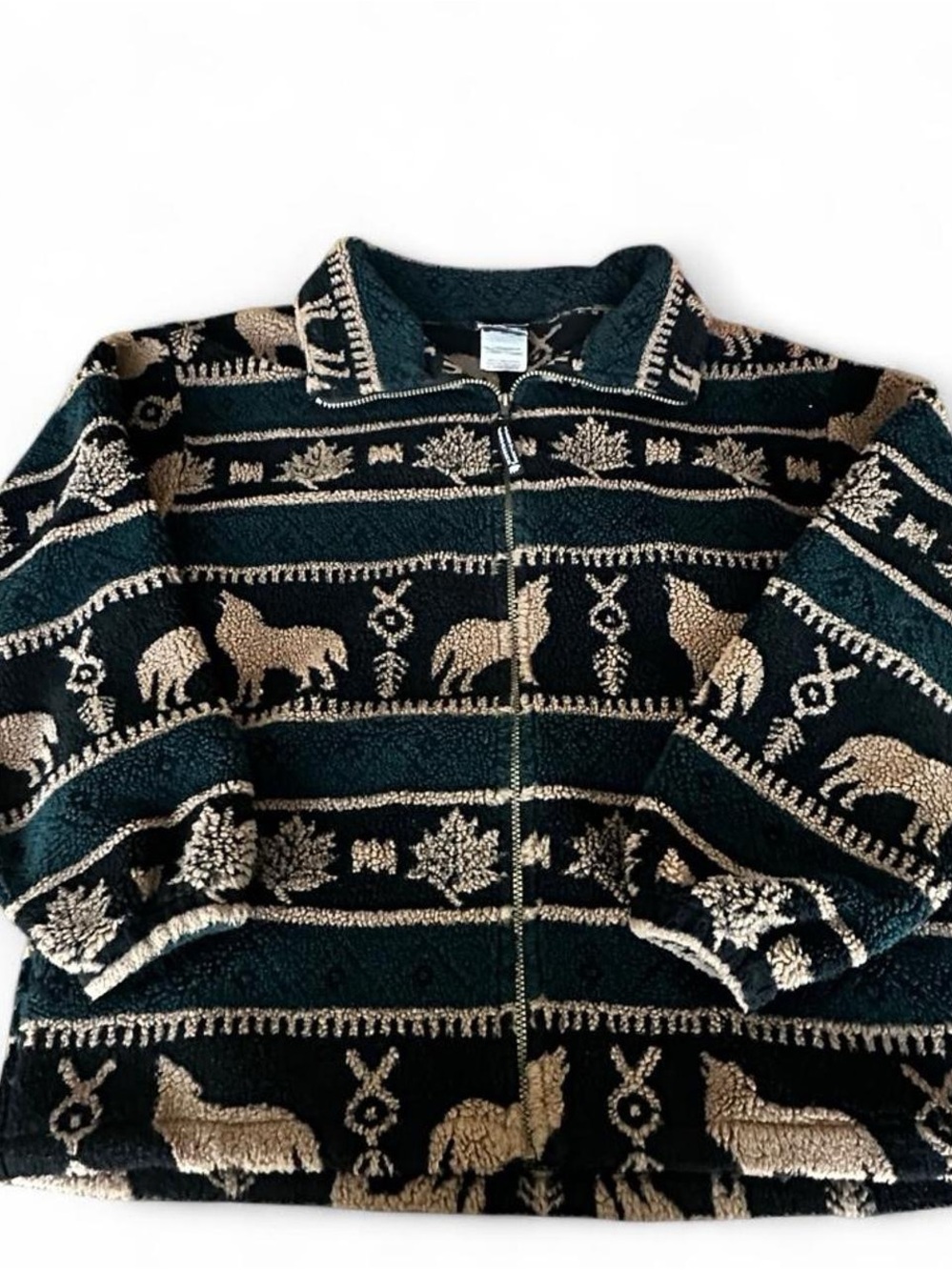 Men's Black, Dark Green & Cream Patterned Zip-Up Sherpa Jacket